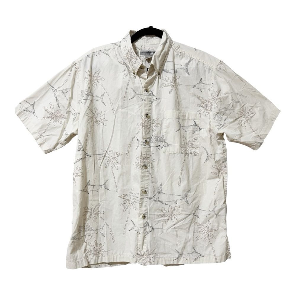 Hook & Tackle Mens Short Sleeve Cream Button Down Fishing‎ Shirt Size Large